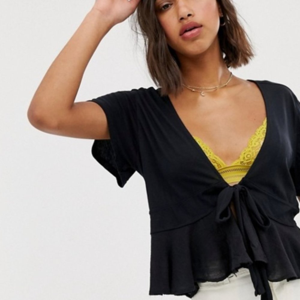 Free People Black Crop Top with Yellow Lace Detail